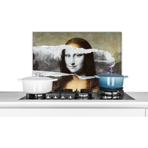 Spatscherm Keuken - Kookplaat Achterwand - Spatwand Fornuis - 70x50 cm - Mona Lisa - Zwart - Wit - Da Vinci - Aluminium - Wanddecoratie - Muurbeschermer - Hittebestendig
