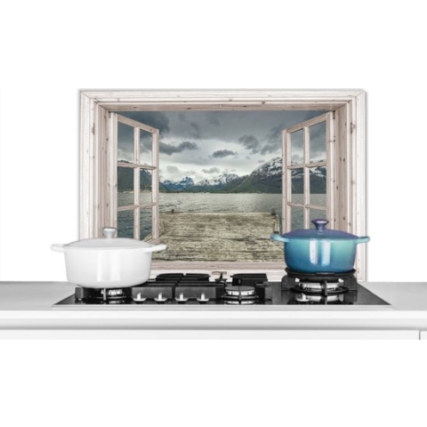 Spatscherm Keuken - Kookplaat Achterwand - Spatwand Fornuis - 80x55 cm - Doorkijk - Steiger - Berg - Aluminium - Wanddecoratie - Muurbeschermer - Hittebestendig