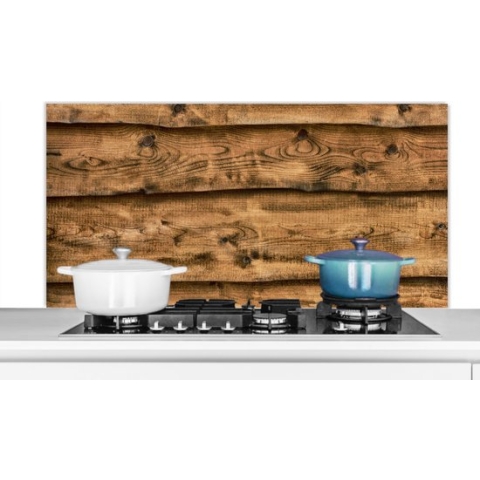 Spatscherm Keuken - Kookplaat Achterwand - Spatwand Fornuis - 120x60 cm - Vintage - Bruin - Planken - Houten - Aluminium - Wanddecoratie - Muurbeschermer - Hittebestendig