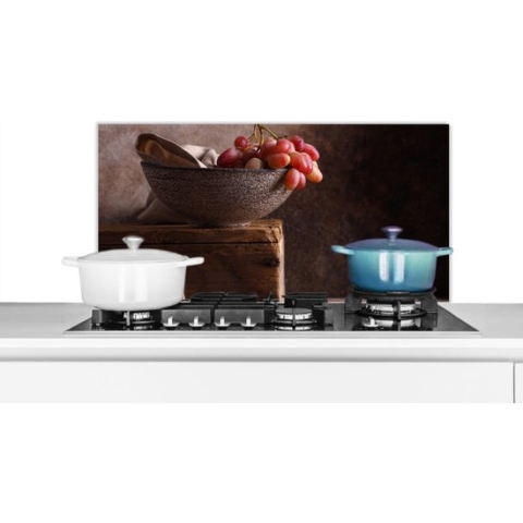 Spatscherm Keuken - Kookplaat Achterwand - Spatwand Fornuis - 80x40 cm - Rustiek - Druiven - Schaal - Stilleven - Fruit - Aluminium - Wanddecoratie - Muurbeschermer - Hittebestendig