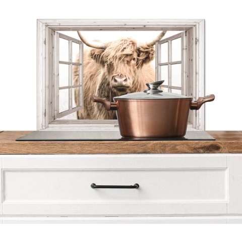 Spatscherm Keuken - Kookplaat Achterwand - Spatwand Fornuis - 60x40 cm - Schotse hooglander - Raam - Mist - Doorkijk - Aluminium - Wanddecoratie - Muurbeschermer - Hittebestendig