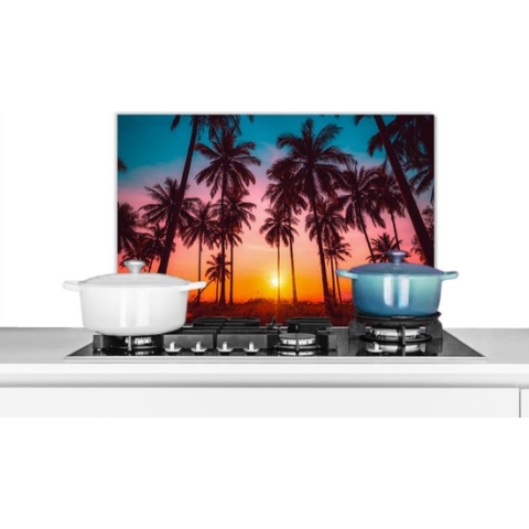 Spatscherm Keuken - Kookplaat Achterwand - Spatwand Fornuis - 60x40 cm - Palmboom - Zonsondergang - Horizon - Strand - Oranje - Roze - Aluminium - Wanddecoratie - Kookplaat spatscherm - Muurbeschermer - Hittebestendig