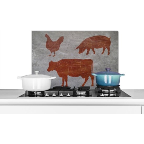 Spatscherm Keuken - Kookplaat Achterwand - Spatwand Fornuis - 60x40 cm - Slagersdiagram van een kip, een varken en een koe - Aluminium - Wanddecoratie - Muurbeschermer - Hittebestendig