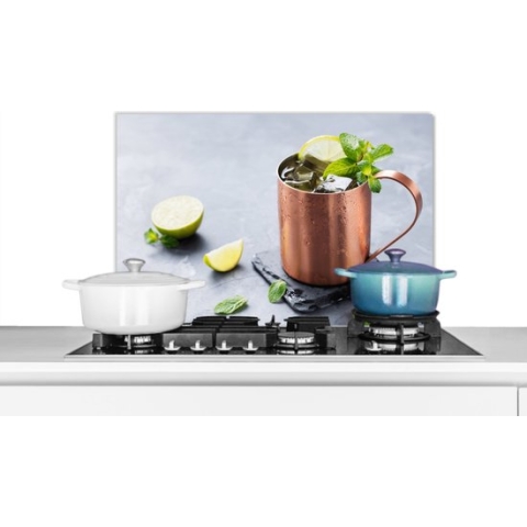 Spatscherm Keuken - Kookplaat Achterwand - Spatwand Fornuis - 60x40 cm - Beker - Drank - Citroen - Aluminium - Wanddecoratie - Muurbeschermer - Hittebestendig