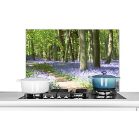 Spatscherm Keuken - Kookplaat Achterwand - Spatwand Fornuis - 90x60 cm - Bos - Pad - Bloemen - Paars - Groen - Natuur - Aluminium - Wanddecoratie - Muurbeschermer - Hittebestendig