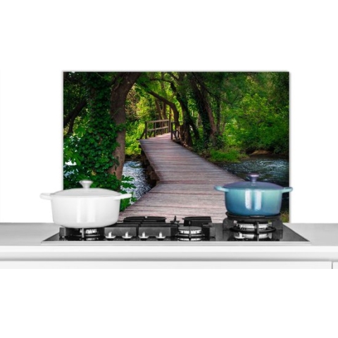 Spatscherm Keuken - Kookplaat Achterwand - Spatwand Fornuis - 90x60 cm - Bos - Natuur - Brug - Aluminium - Wanddecoratie - Muurbeschermer - Hittebestendig