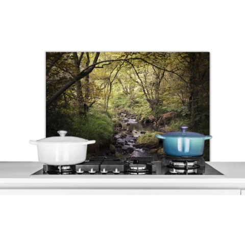 Spatscherm Keuken - Kookplaat Achterwand - Spatwand Fornuis - 90x60 cm - Hert - Boom - Bos - Aluminium - Wanddecoratie - Muurbeschermer - Hittebestendig