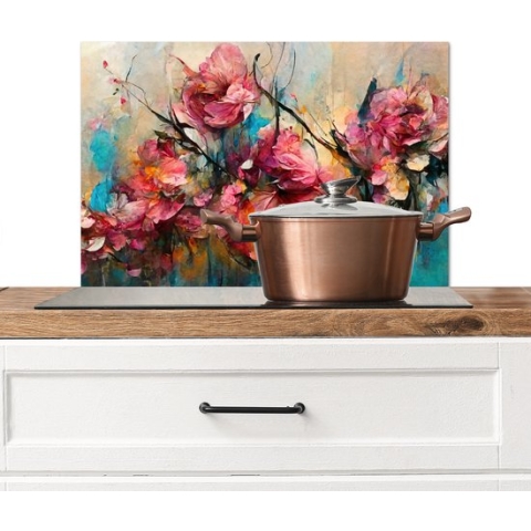 Spatscherm Keuken - Kookplaat Achterwand - Spatwand Fornuis - 60x40 cm - Kunst - Bloemen - Roze - Rozen - Natuur - Aluminium - Wanddecoratie - Muurbeschermer - Hittebestendig