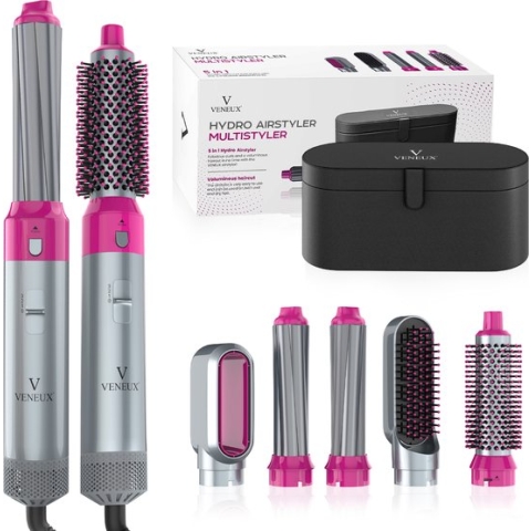 VENEUX® Föhnborstel - Airstyler - Krulborstel - Krultangen - 5 in 1 Multistyler - Met Opbergcase - Grijs