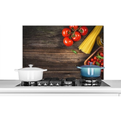 Spatscherm Keuken - Kookplaat Achterwand - Spatwand Fornuis - 90x60 cm - Pasta - Tomaat - Keuken - Aluminium - Wanddecoratie - Muurbeschermer - Hittebestendig
