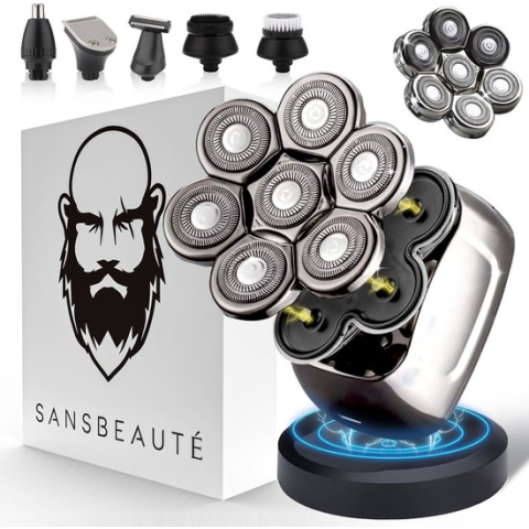 6-in-1 Scheerapparaat Mannen + Extra Scheerkop – Trimmer - Sansbeauté® SkullSharp PRO Magnetic - Nat & Droog - Skull Shaver - Face en Head Shaver – Hoofd Kaal Scheren - Draadloos Opladen - Opzetstukken