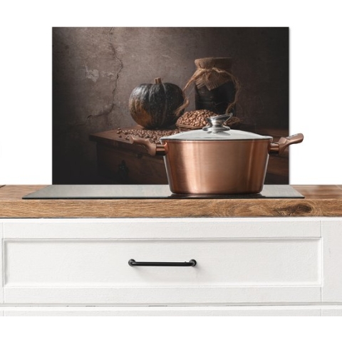 Spatscherm Keuken - Kookplaat Achterwand - Spatwand Fornuis - 60x40 cm - Stilleven - Pompoen - Donker - Rustiek - Aluminium - Wanddecoratie - Muurbeschermer - Hittebestendig