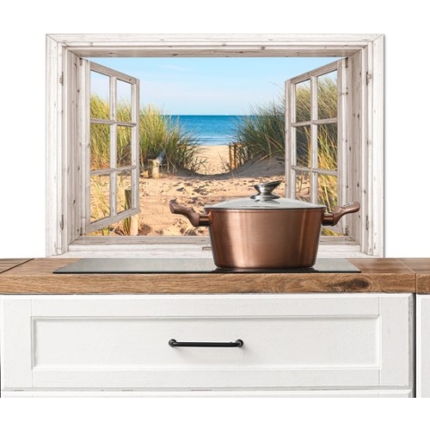 Spatscherm Keuken - Kookplaat Achterwand - Spatwand Fornuis - 90x60 cm - Doorkijk - Strand - Zee - Duinen - Zand - Water - Helmgras - Aluminium - Wanddecoratie - Muurbeschermer - Hittebestendig