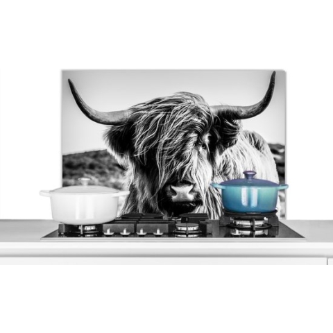 Spatscherm Keuken - Kookplaat Achterwand - Spatwand Fornuis - 80x55 cm - Koe - Schotse hooglander - Zwart - Wit - Dier - Natuur - Wild - Aluminium - Wanddecoratie - Muurbeschermer - Hittebestendig
