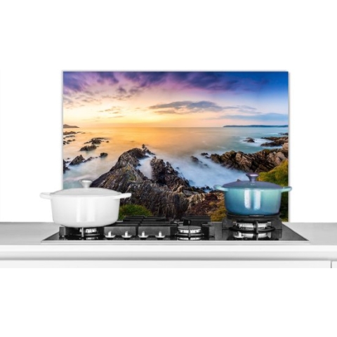 Spatscherm Keuken - Kookplaat Achterwand - Spatwand Fornuis - 90x60 cm - Zonsondergang - Horizon - Water - Landschap - Blauw - Aluminium - Wanddecoratie - Muurbeschermer - Hittebestendig