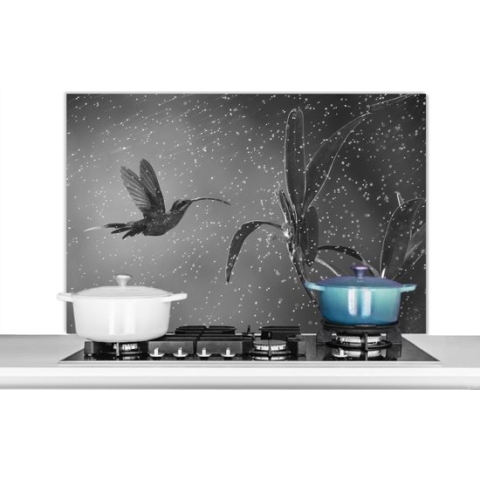 Spatscherm Keuken - Kookplaat Achterwand - Spatwand Fornuis - 100x65 cm - Kolibrie in de regen in de natuur van Costa Rica in zwart wit - Aluminium - Wanddecoratie - Muurbeschermer - Hittebestendig