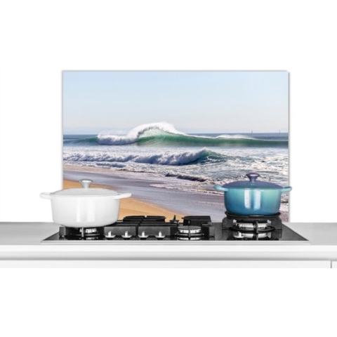 Spatscherm Keuken - Kookplaat Achterwand - Spatwand Fornuis - 90x60 cm - Strand - Golven - Zee - Aluminium - Wanddecoratie - Muurbeschermer - Hittebestendig