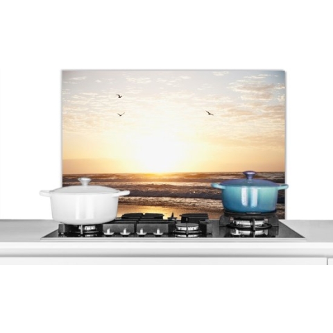 Spatscherm Keuken - Kookplaat Achterwand - Spatwand Fornuis - 90x60 cm - Zon - Vogel - Zee - Aluminium - Wanddecoratie - Muurbeschermer - Hittebestendig