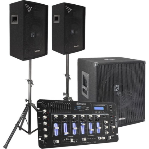 Skytec 2.1 complete DJ live set 1100 Watt met mixer en kabels