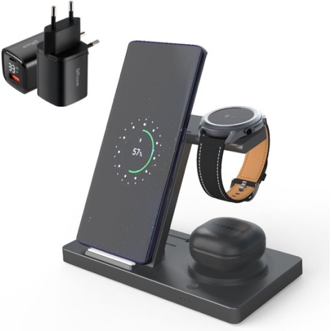 DrPhone Legend17– 5 In 1 Draadloze Dock – Draadloze Oplaadstation – Geschikt voor IOS/Android Smartphones - IOS/Android Horloge & Android Oordoppen - Zwart