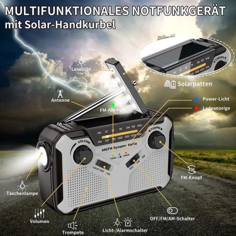 Solar radio, AM/FM draagbare zwengelradio, dynamo noodradio met 4000mAh oplaadbare batterij, led-zaklamp, SOS-alarm voor camping, outdoor, noodgevallen, rampen, energie blackout, oorlog
