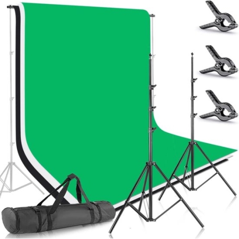 Neewer® - Achtergrondsteunsysteem met 1,8 x 2,8 mAchtergrondstof - (wit/zwart/groen) En 3 Stuks Veerclips voor Fotostudio PortretPproductvideo Fotografie -  2 x 2m Achtergrondsteunsysteem