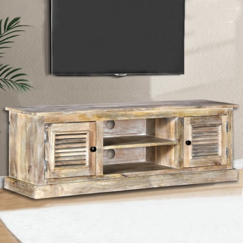vidaXL TV-meubel Mangohout - 120 x 30 x 40 cm - Witgekalkt