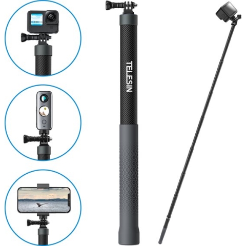 Telesin 3 meter Premium Selfie Stick Carbon met 1/4 Schroef voor GoPro, Action Cameras, DJI OSMO, Insta360 (Grijs)