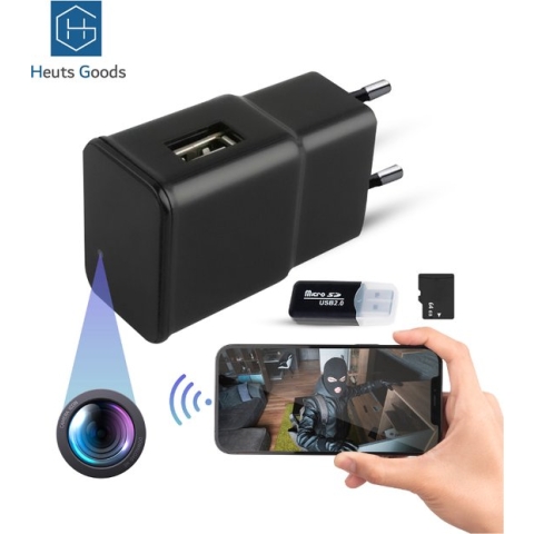 Heuts Goods - Spy Camera Adapter - Verborgen Camera - Spy Camera - WiFi met App - Incl. 64GB Micro SD Kaart en Kaartlezer - FULL HD 1080P - Nachtzicht - Bewegingsdetectie - Zwart