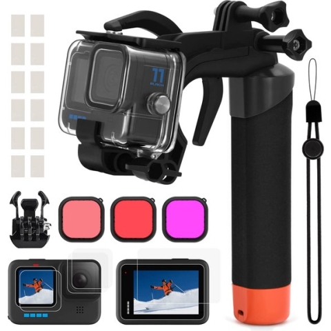 Accessoireset voor GoPro Hero 12 11 10 9 Black, waterdichte beschermhoes behuizing onderwater drijvende handgreep displaybescherming rood filter, eenhandse onderwater-fotoserie set