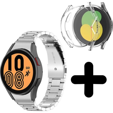 Strap-it bandje geschikt voor Samsung Galaxy Watch 5 - 40mm titanium bandje (zilver) - Bandje staal metaal metalen Galaxy Watch 5 40 mm - Incl. screenprotector case bescherming - Hoesje beschermhoes beschermer - Transparant full cover hardcase