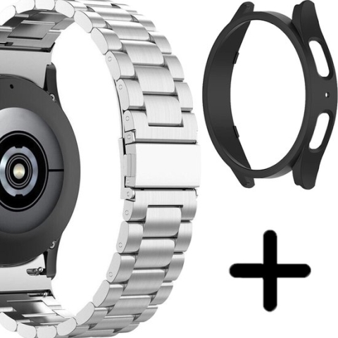 Titanium band zilver met zwarte hard case - Speciaal geschikt voor Samsung Galaxy Watch 5 Pro - Metalen bandje RVS staal kleur - Roestvrij staal schakel bandje zilver van titanium - Galaxy Watch 5 Pro hard case - zwart - beschermhoes - protector