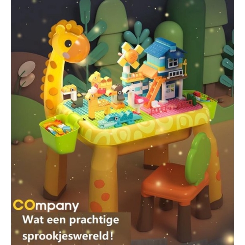6-in-1 Giraffe Bouwtafelset met 110-delige (Grote Bouwstenen) & LED Lamp - Bouwtafel + 2 stoelen + 2 opbergdozen + 110 Bouwblokken - Studeertafel, Speeltafel, Kinder tafel- en stoelenset - Constructie Activiteiten Tabel compatibel met DUPLO