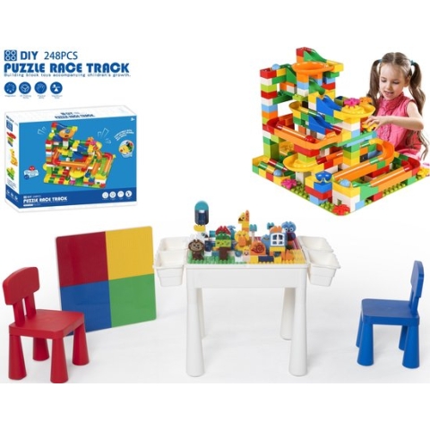 【Profi Promo】Bouwtafelset inc. 248 bouwblokken voor LEGO & DUPLO - Multifunctioneel Kinderbouwtafel met 2 stoelen + 4 Opbergbakken - Constructietafel, Kinderwerktafel, Speeltafel, Zandbak, Watertafel - Kindertafel en stoelen - Klassieke Mondriaan