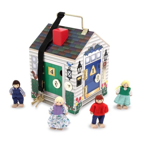 Melissa & Doug Draagbaar houten deurbel-poppenhuis Met deurbelgeluiden, sleutels | 4 houten poppen | Fantasiespel Speelgoed | Geweldig cadeau voor meisjes en jongens | Van 3 jaar