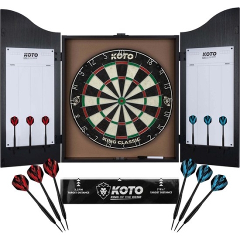 KOTO Dartkabinet Zwart Incl. Dartbord, 6 Steeltips Dartpijlen,KOTO Afwerplijn & Handleiding, Houten Darts Kast, Dartkast met dartpijlen, Kabinetdart