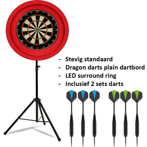 Darts Set - Portable dartbord standaard LED pakket plus - inclusief best geteste - dartbord - LED surround ring - en - dartpijlen - rood