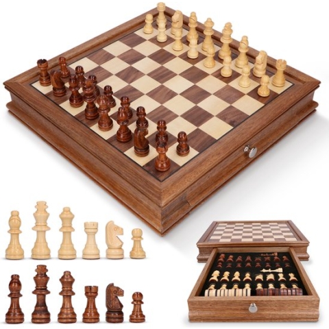Keebies Luxe Schaakbord met Schaakstukken - Incl. Opberglade en Digitale Schaakboek - Schaakspel, Schaken, Schaakset - Volwassenen & Kinderen - Magnetisch / Walnoot Hout