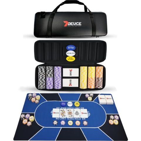 7DEUCE® Carbon Series Poker Set met 300 Keramische PokerFiches inclusief Pokermat, Speelkaarten, Buttons – Poker
