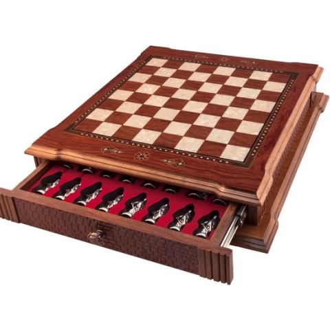 Handgemaakte houten schaakbord met opbergsysteem - Metalen Romeinse Schaakstukken - Luxe uitgave - Schaakspel - Schaakset - Schaken - Chess