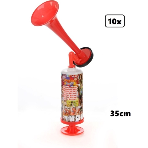10x Stadion luchtpomp toeter 35cm - Supertoeter 35cm - pomp toeter EK WK voetbal sport en spel geluid muziek lawaai stadion