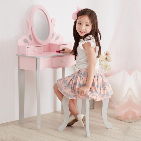 Teamson Kids Houten Kaptafel Kinderen - Tafel en Stoel Set - Roze/Grijs