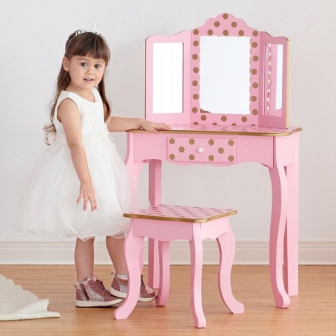 Teamson Kids Houten Kaptafel Kinderen - Tafel en Stoel Set - Met LED Spiegel Licht - Polka Dot - Roze/Goud