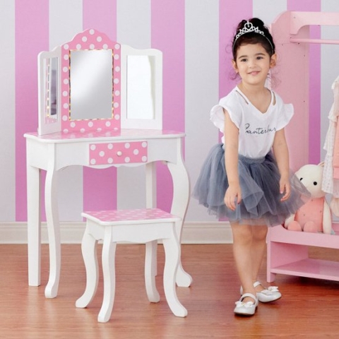 Teamson Kids Houten Kaptafel Kinderen - Met LED Licht Spiegel - Tafel en Stoel Set - Polka Dot - Roze/Wit