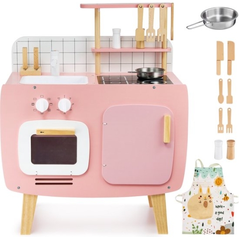 Mamabrum Houten retro keuken met schort en accessoires, Roze