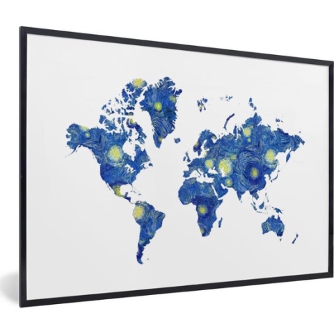 Fotolijst incl. Poster - Wereldkaart - Van Gogh - Sterrennacht - 120x80 cm - Posterlijst