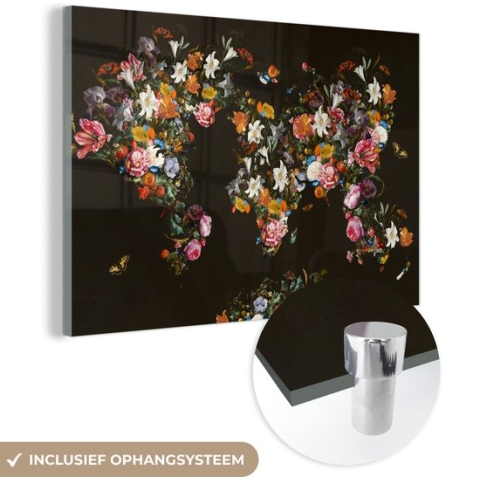 MuchoWow® Glasschilderij - Wereldkaart - Bloemen - Vlinder - Zwart - 90x60 cm - Acrylglas Schilderijen - Foto op Glas