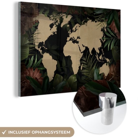 MuchoWow® Glasschilderij - Wereldkaart - Bladeren - Bloemen - 180x120 cm - Acrylglas Schilderijen - Foto op Glas