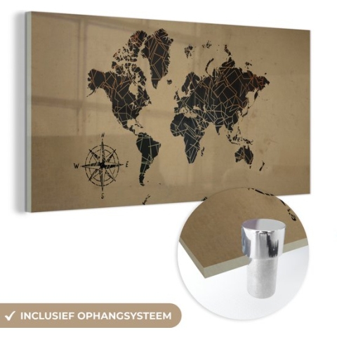 MuchoWow® Glasschilderij - Wereldkaart - Vormen - Windroos - 80x40 cm - Acrylglas Schilderijen - Foto op Glas