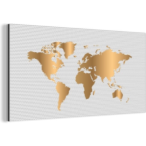Wanddecoratie Metaal - Aluminium Schilderij Industrieel - Wereldkaart - Goud - Golf - 120x60 cm - Dibond - Foto op aluminium - Industriële muurdecoratie - Voor de woonkamer/slaapkamer